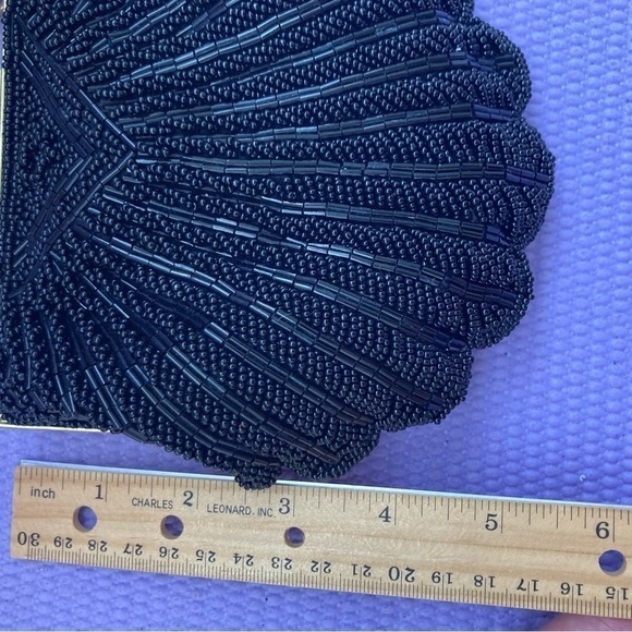 Black Beaded Clutch Purse Clam Shell Shoulder Bag 7” X 6”  with a 17” Chain Drop - Picture 7 of 9